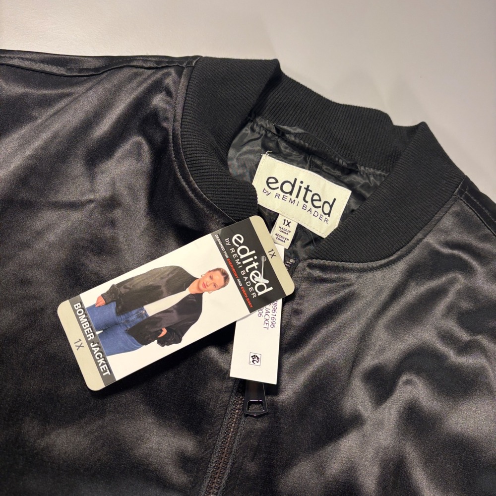 EDITED by Remi Bader Black Satin‎ Bomber Jacket Women's 1X Full Zip New NWT
